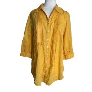 Live a Little Size Small Yellow Linen Blend Blouse Pleated Front Tab 3/4 Sleeves